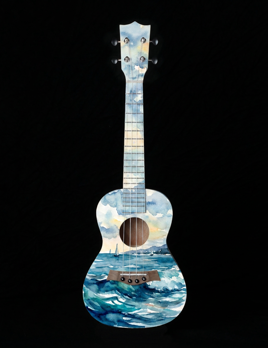 Butterfly Uke decorated with a watercolor ocean and sailboat scene